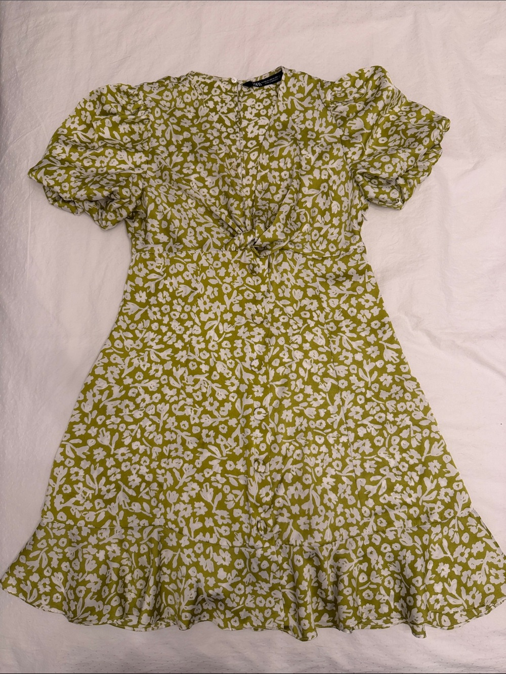 Zara Olive Green & White Floral Midi Dress